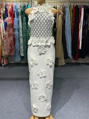 3D Flower Sequin Halter Bandage Maxi Dress in White