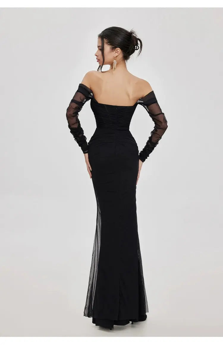 black Mesh Off-Shoulder Maxi Dress