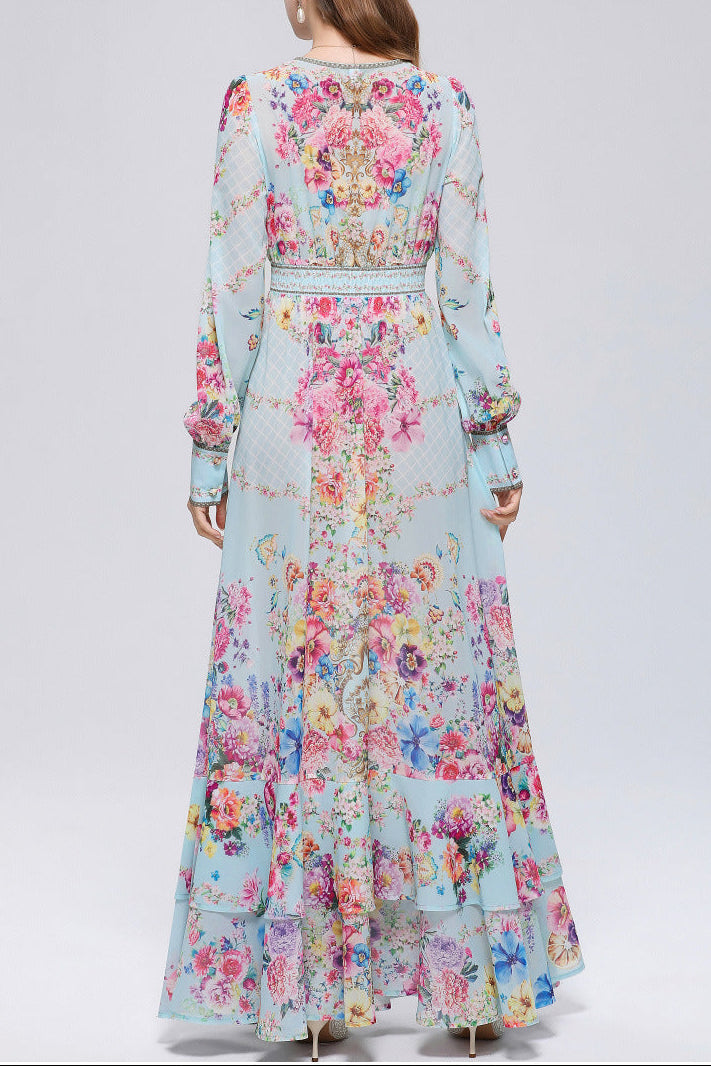 Mesh A-Line Printed Maxi Dress