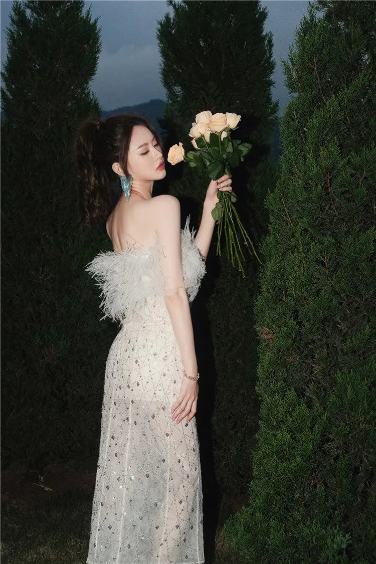 White Haute Couture Feather Sequin Dress