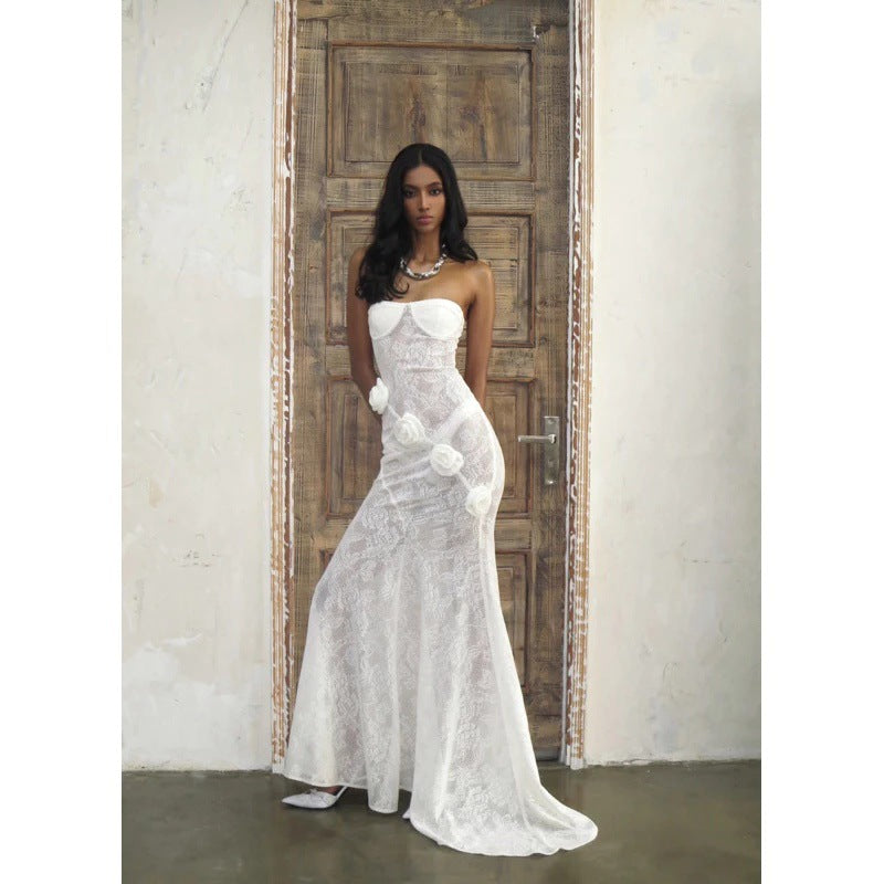 Sheer Lace Dress with Three-Dimensional Floral Skirt - White
