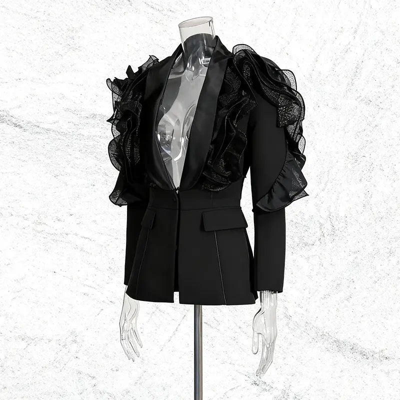 Ruffle Embellished Blazer in Black
