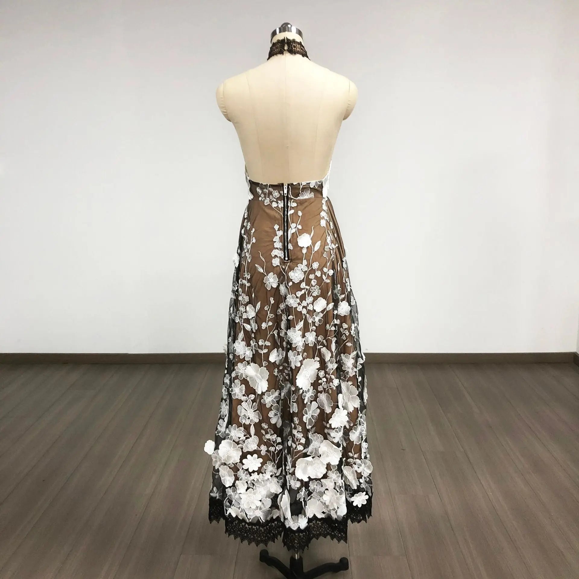 Black Halter Floral Embroidered Midi Dress