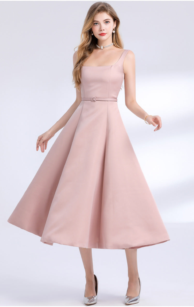 Square Neck Satin Slip Midi Dress - Pink