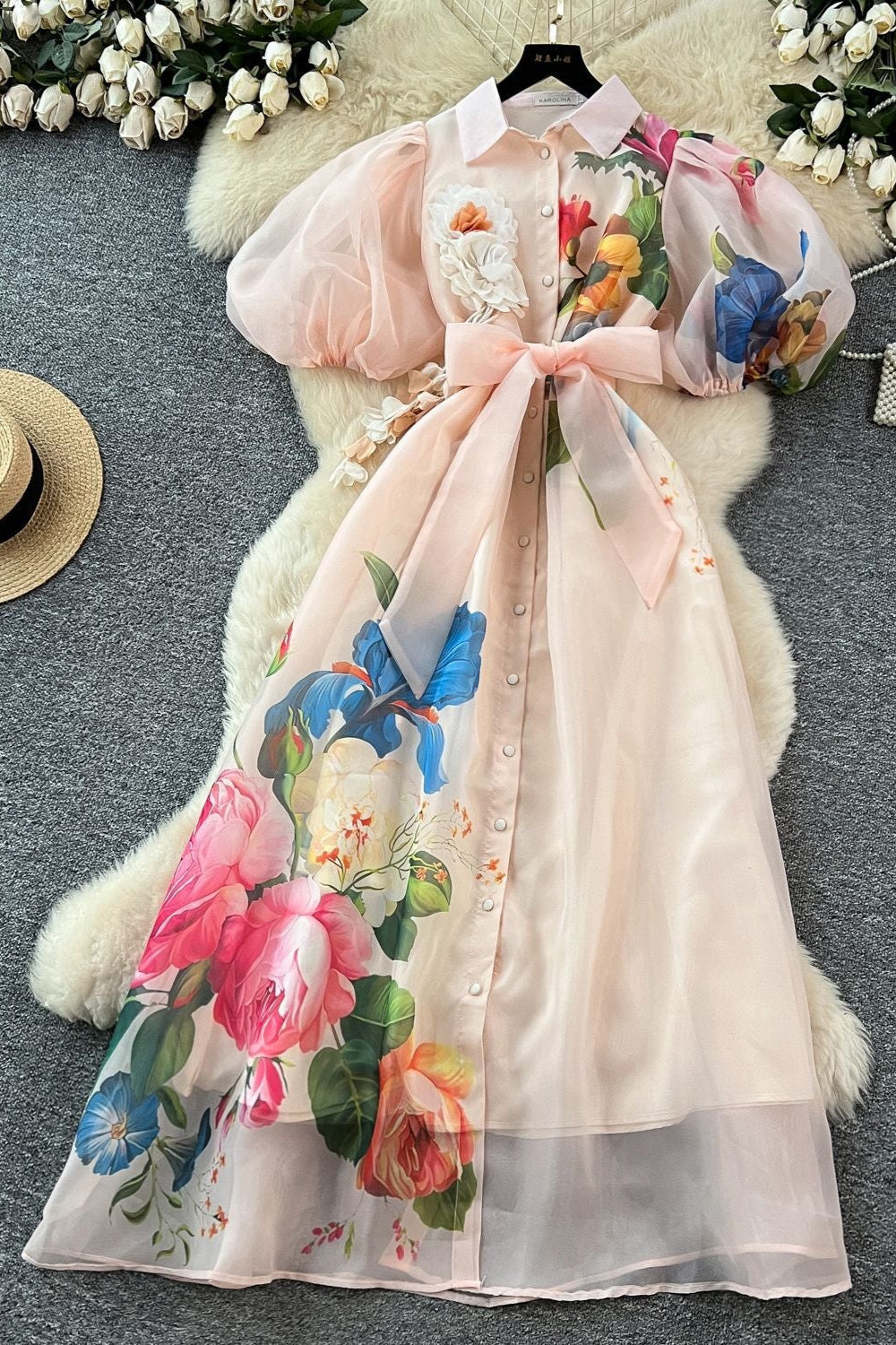 Single-Breasted Floral Printed Puff Sleeve Maxi Dress in Apricot