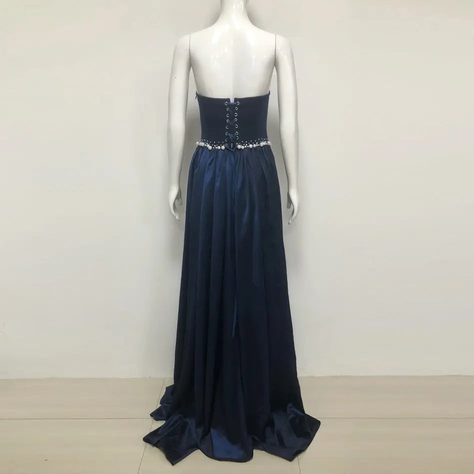 Dark Blue Pearls Embroidered Maxi Dress