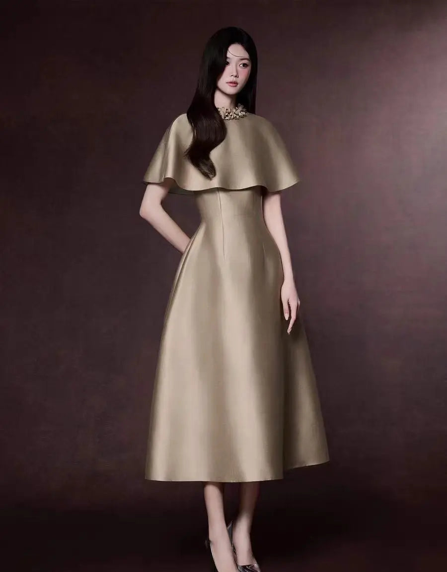 Cape Satin Midi Dress
