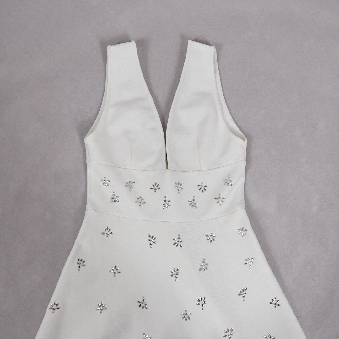 Diamond V-Neck Midi Dress in White