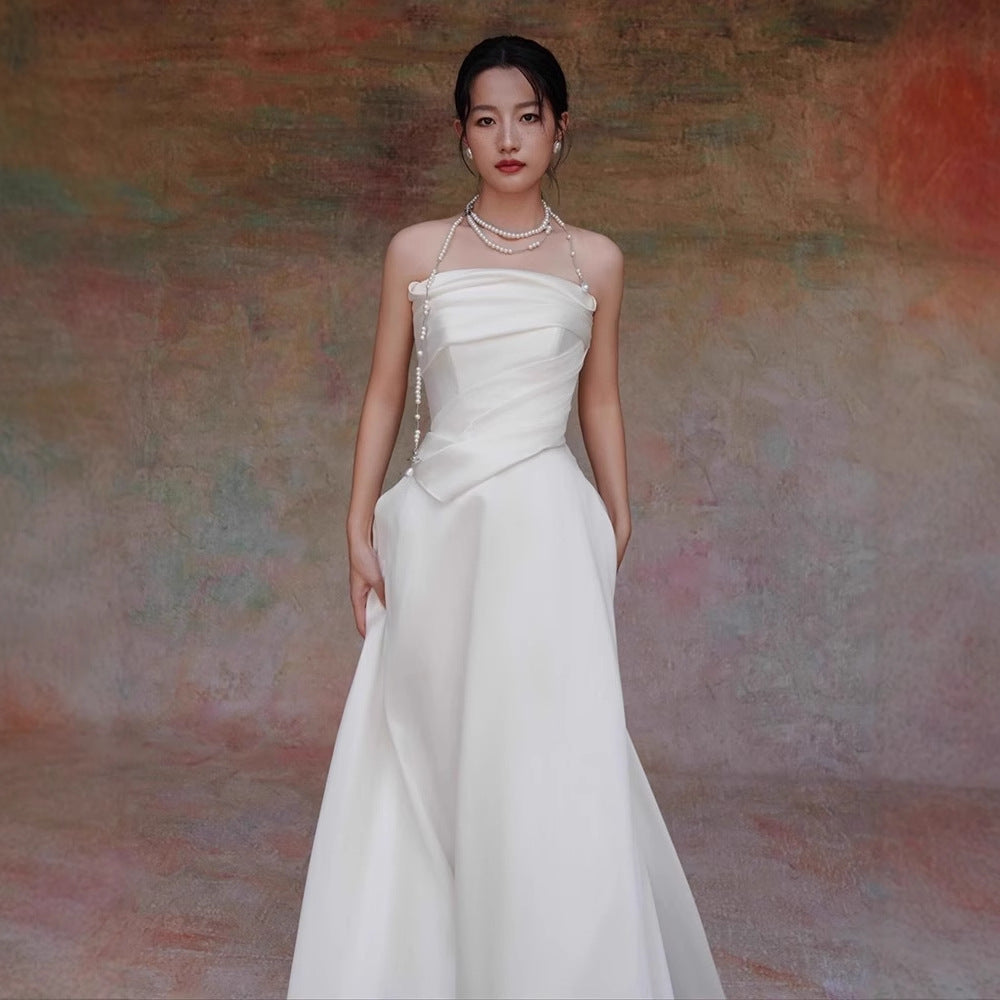 White French Satin Maxi Train Welcome Gown
