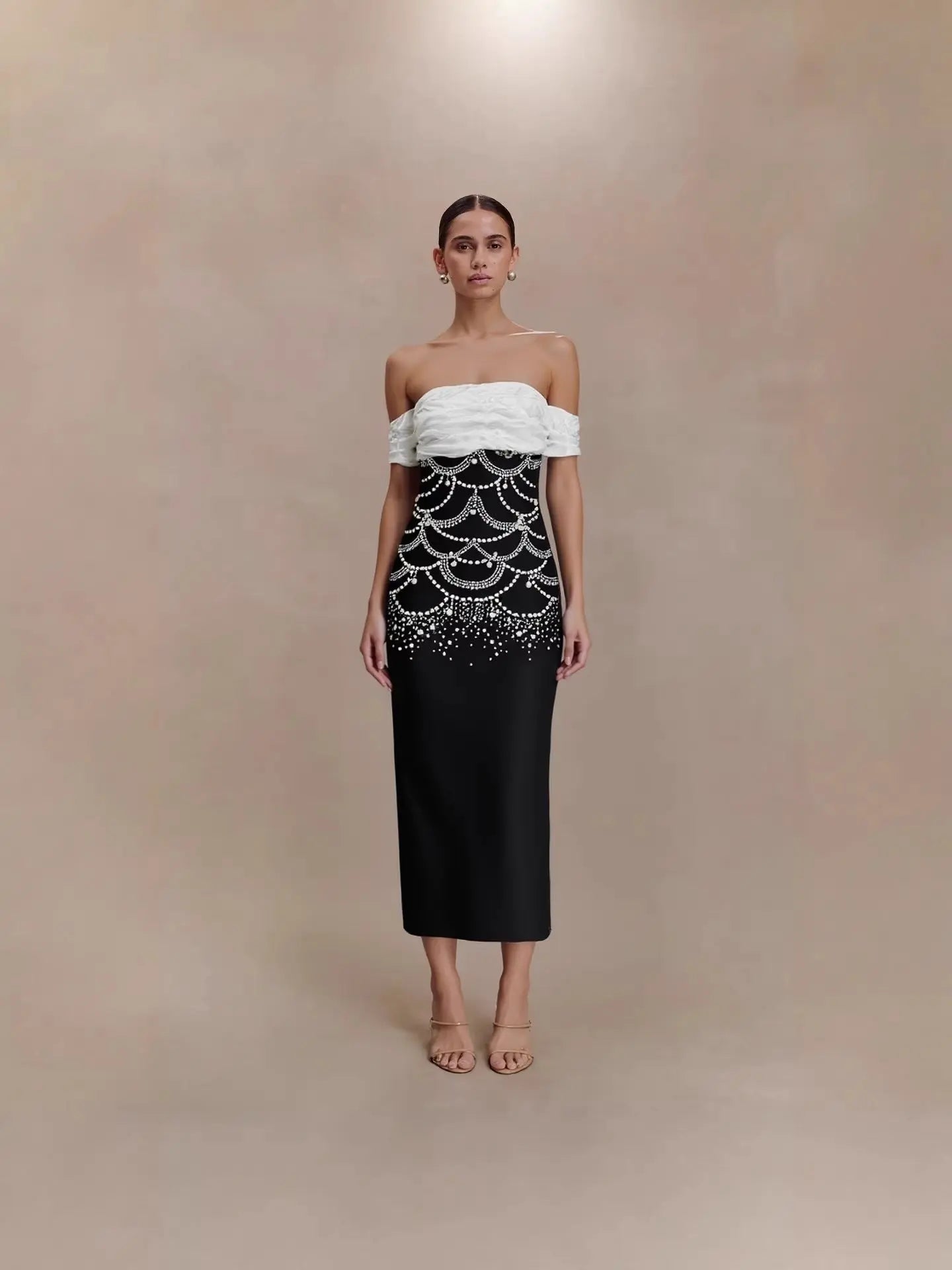 Beading Rhinestone Midi Dress in Black