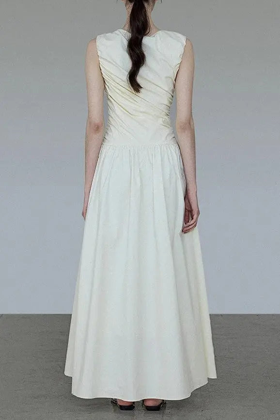 Ruched A-Line Sleeveless Midi Dress in Apricot