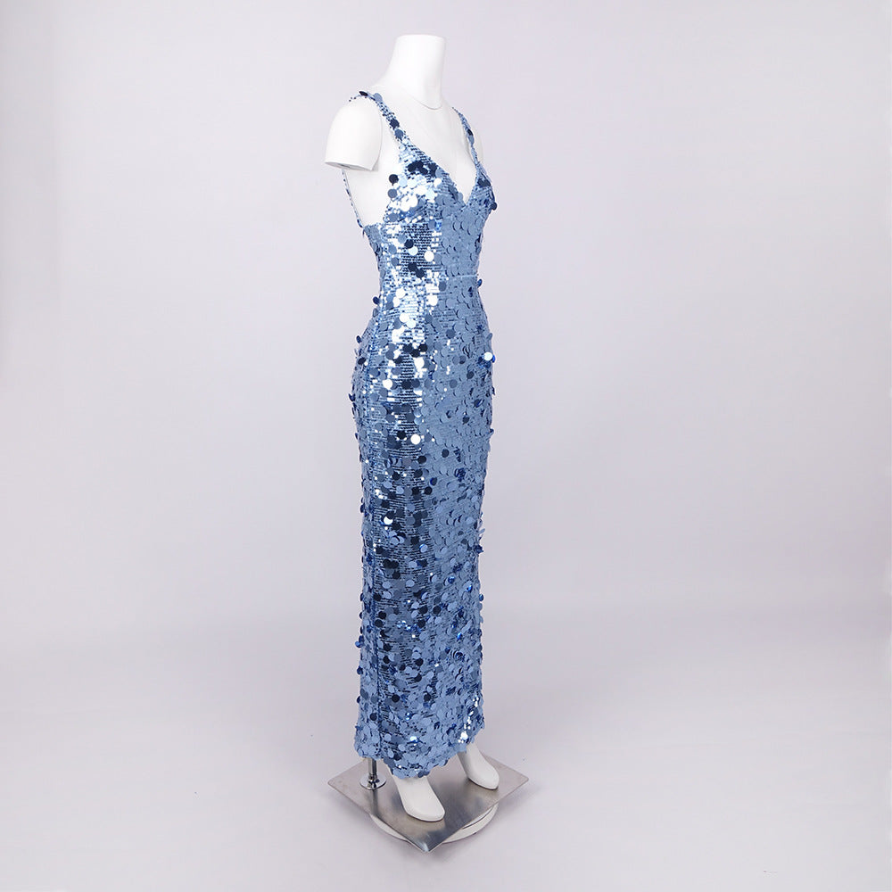 Deep V-Neck Sequin Column Gown in Blue