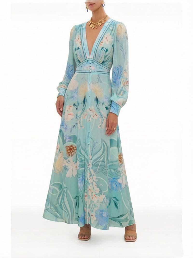 Silk Floral V-Neck Maxi Dress