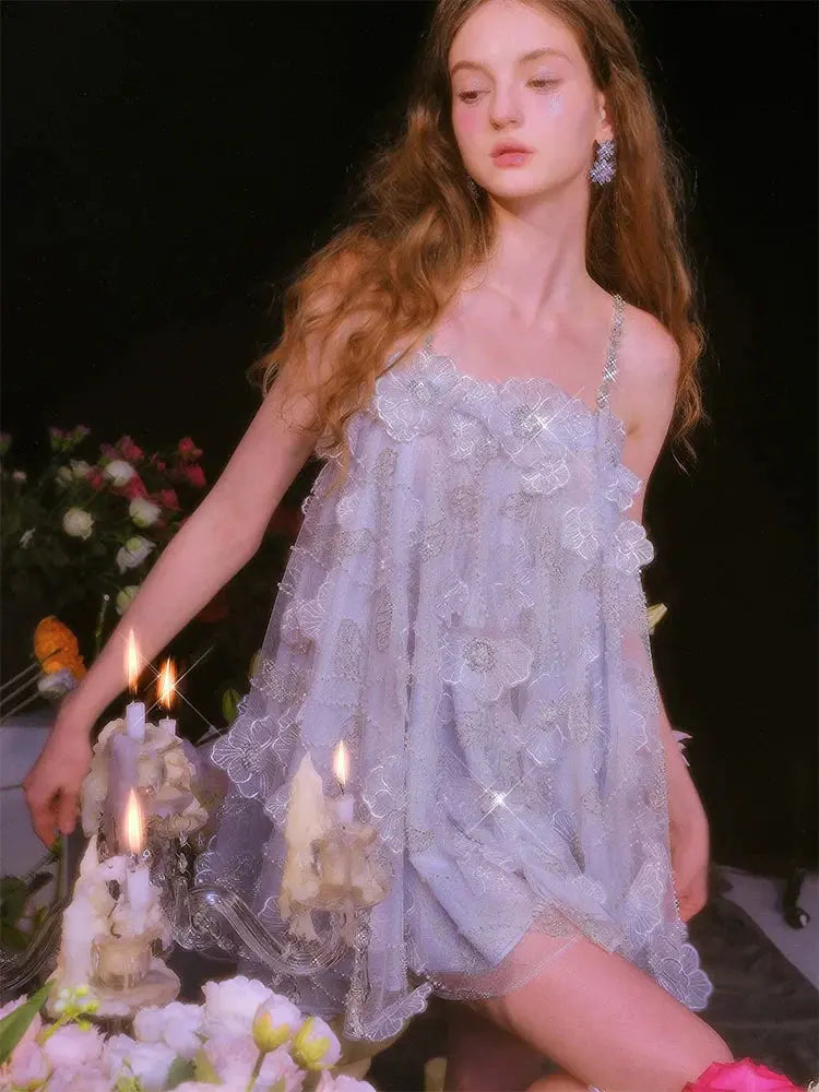 Light Blue Sleeveless Flower Diamond Short Doll Dress