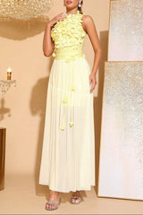 3D Flower Splicing Bandage Mesh Maxi Dress in Yellow
