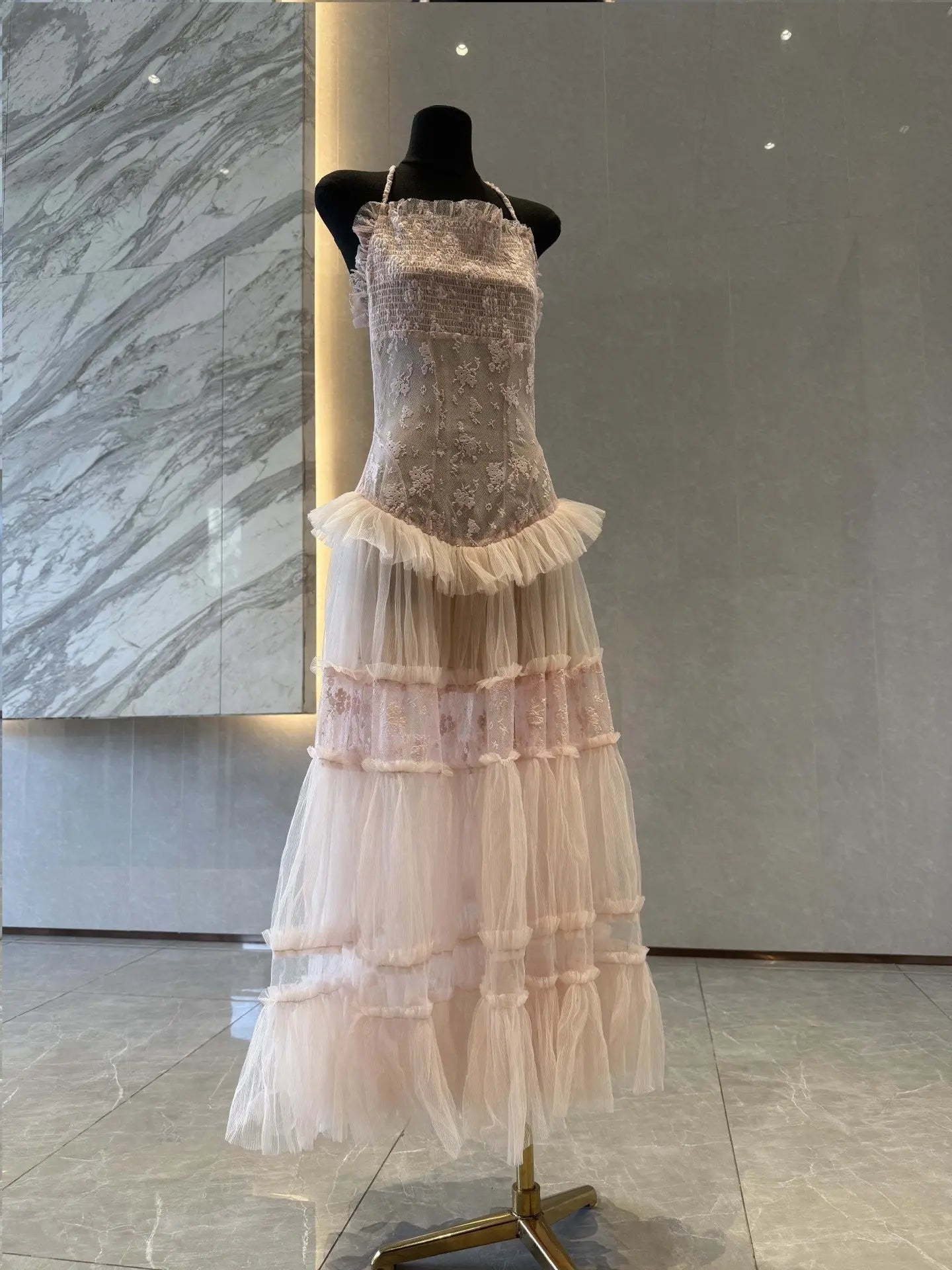Lace Splicing Maxi Dress in Pink