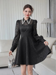 Black Rhinestone Collar Neck Lace Hollow Sleeve Mini Dress