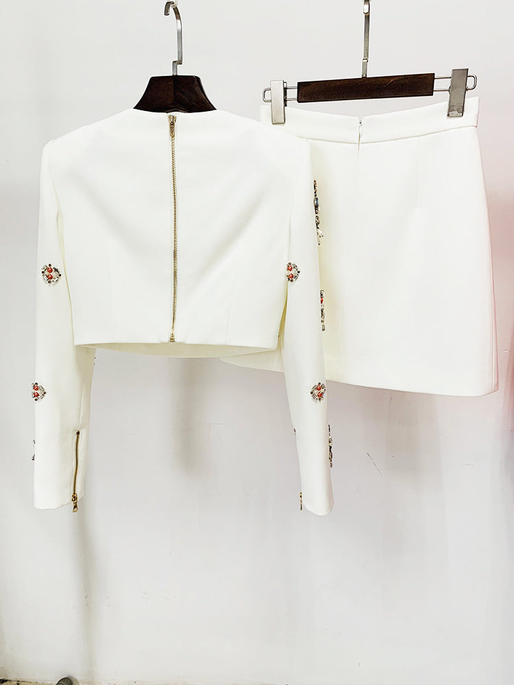 White Rhinestone Embellished Skirt Set