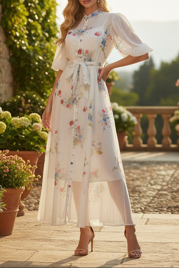 Pink Floral Print Mandarin Collar Maxi Dress