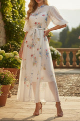 Pink Floral Print Mandarin Collar Maxi Dress