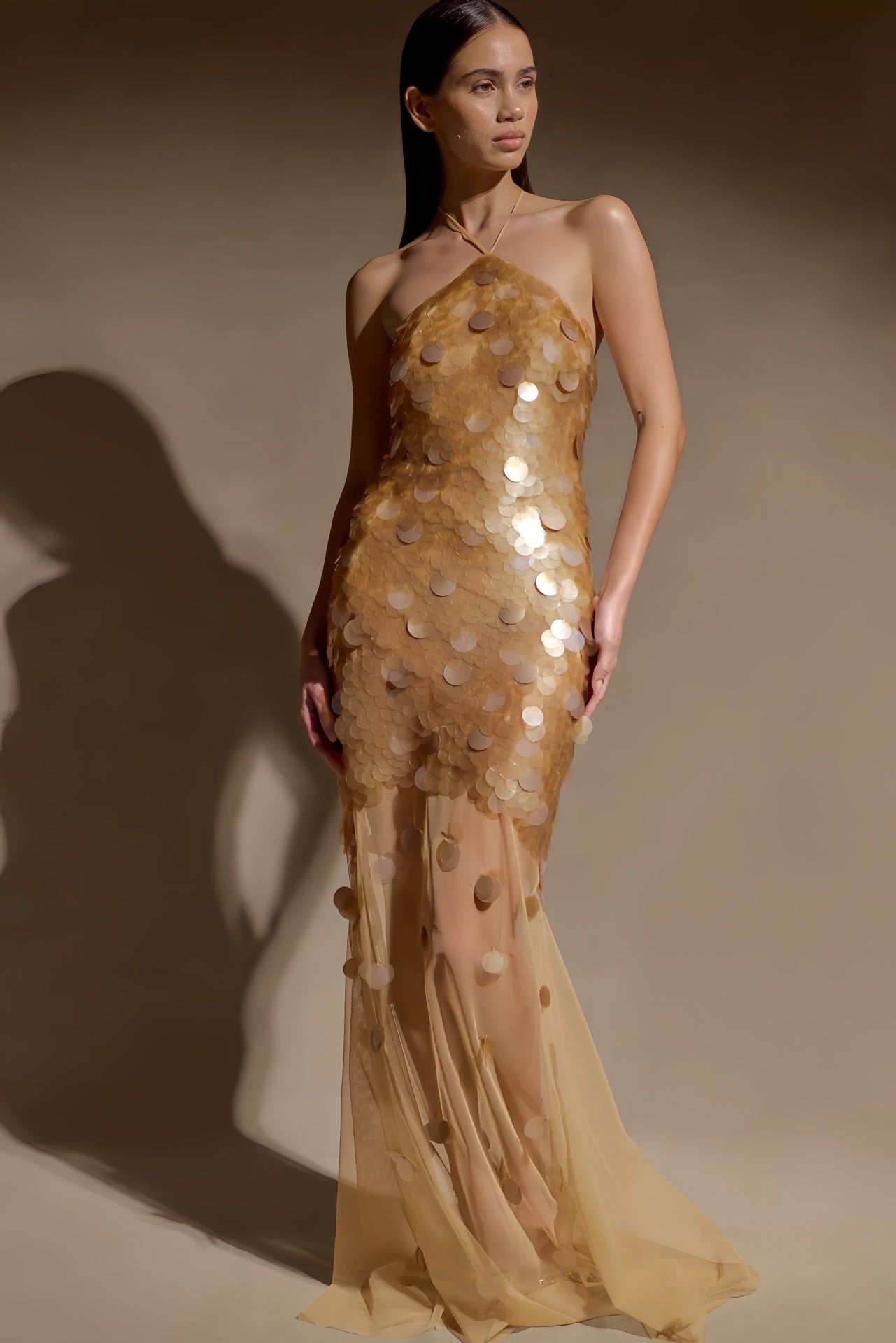 Sequin Embellished Backless Maxi Dress - Gold