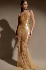 Sequin Embellished Backless Maxi Dress - Gold