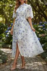 Pink Floral Print Mandarin Collar Maxi Dress