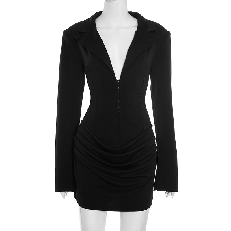 V-Neck Ruched Blazer Mini Dress in Black