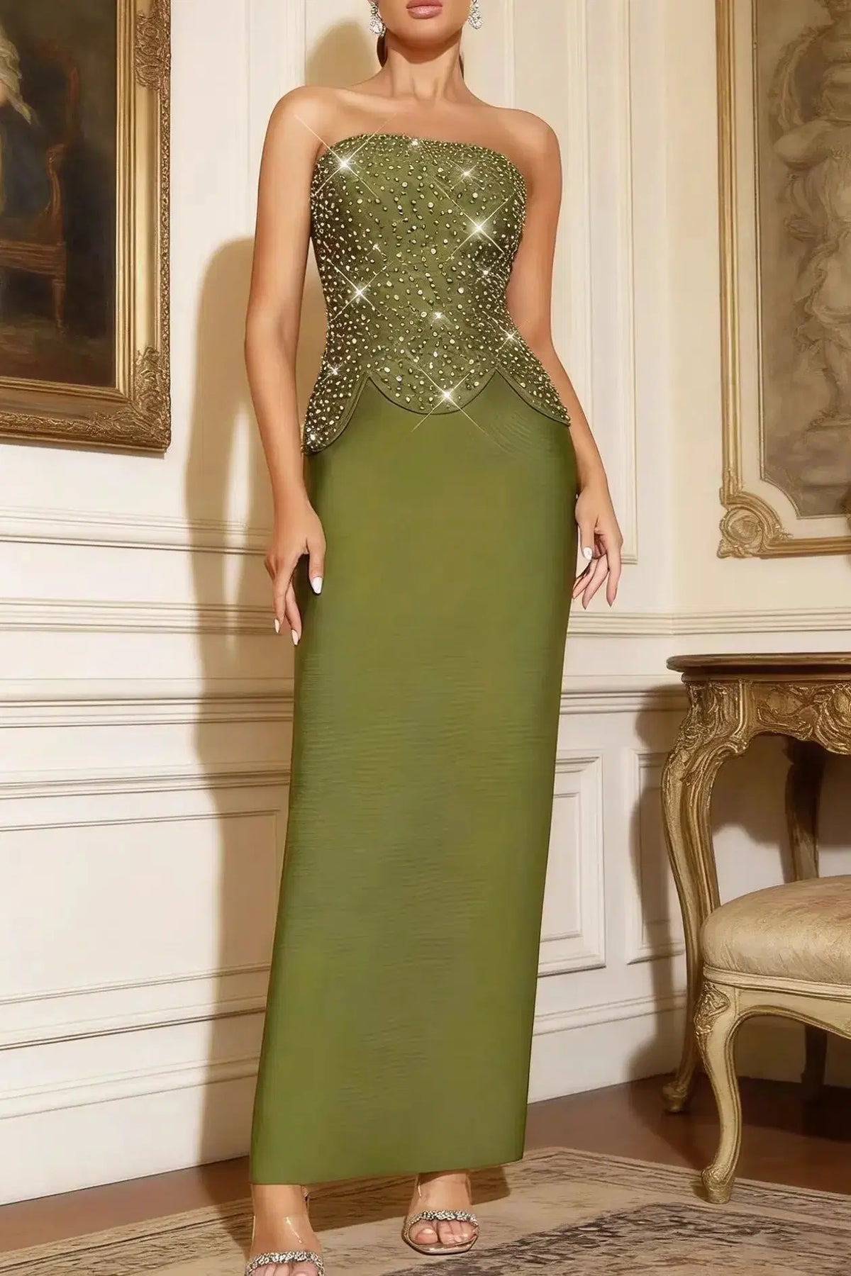 Green Rhinestone Embellished Top Skirt Set
