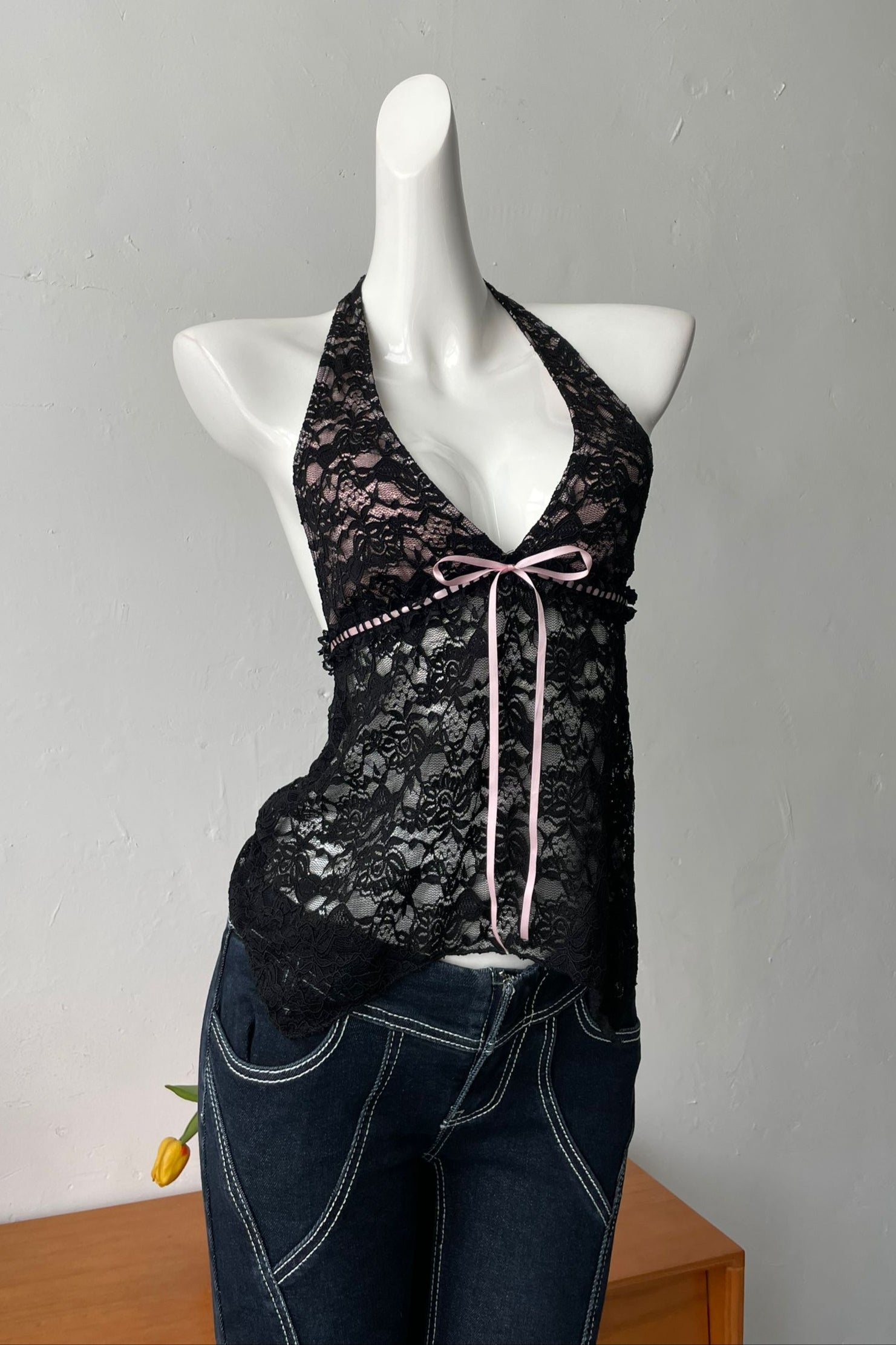Backless Sheer Lace Halter Top in Black