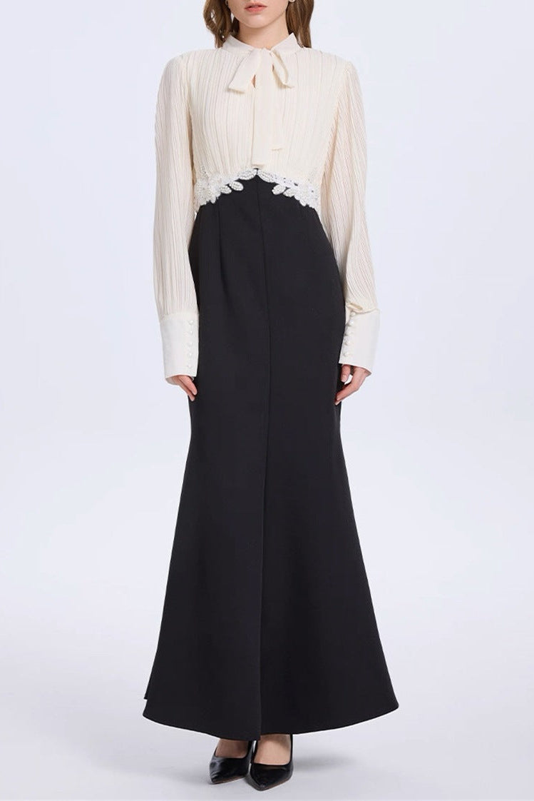 Sleeve Ruched Tie Up Midi Dress - White & Black