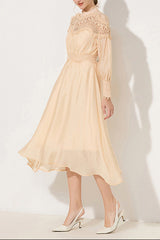 Cecilia Lantern Sleeves Openwork Trim Midi Dress