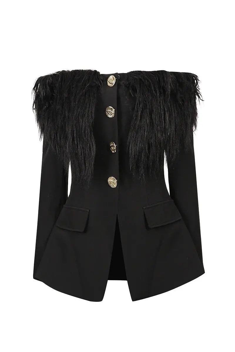 Black Off-shoulder Feather Metal Buckle Decoration Blazer Mini Dress