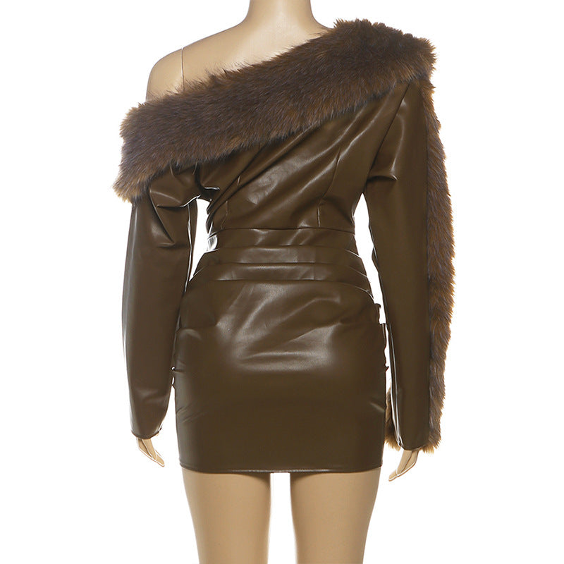 Leather Fur Collar Asymmetrical Mini Dress in Brown