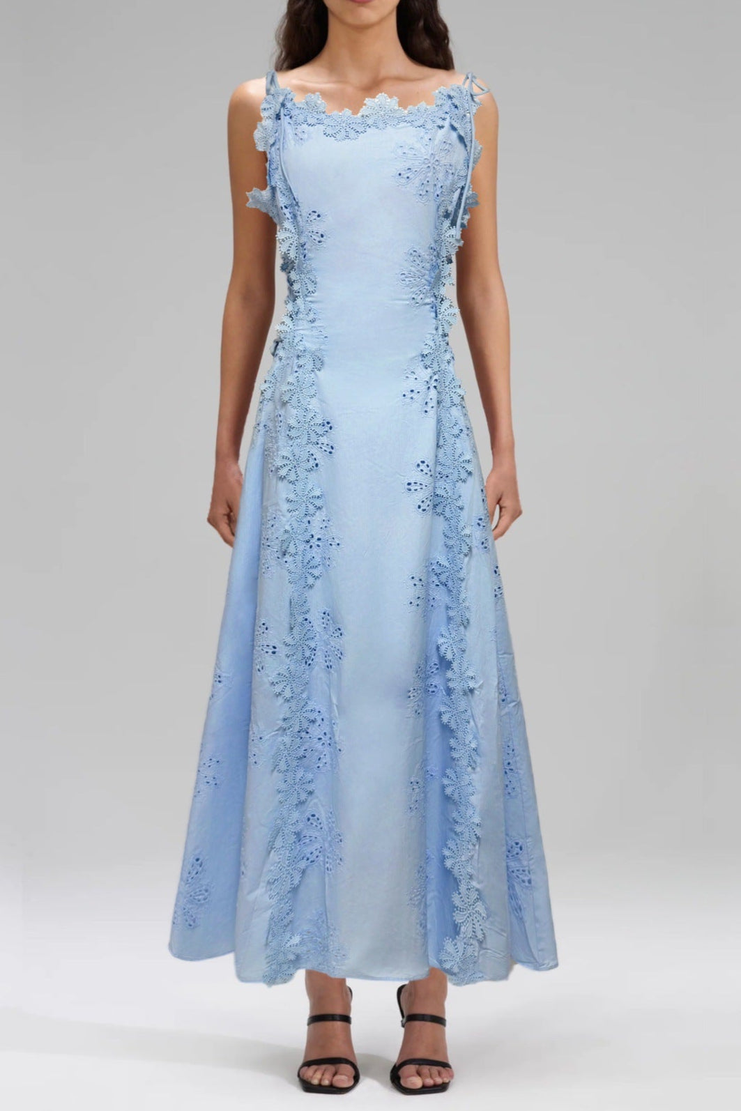 Lace Trim Embroidery Hollow Midi Dress in White