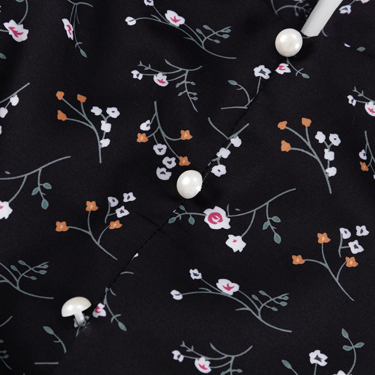 Floral Print Ruffle Trim Midi Dress in Black