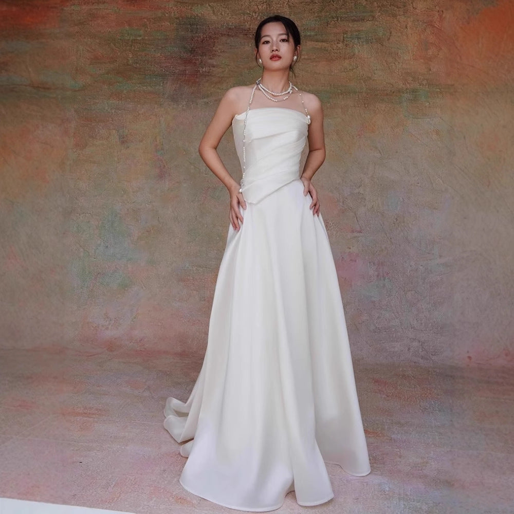 White French Satin Maxi Train Welcome Gown