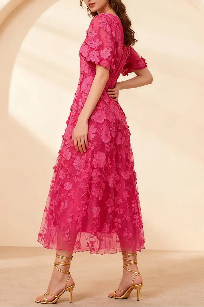 Puff Sleeve V-Neck Embroidery Midi Dress in Rose Red