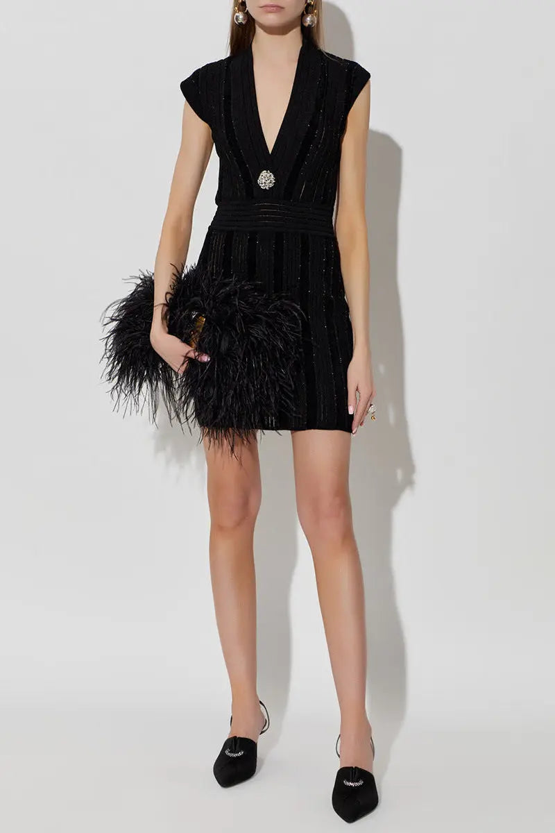 Black V-Neck Mini Dress with Shimmering Ses