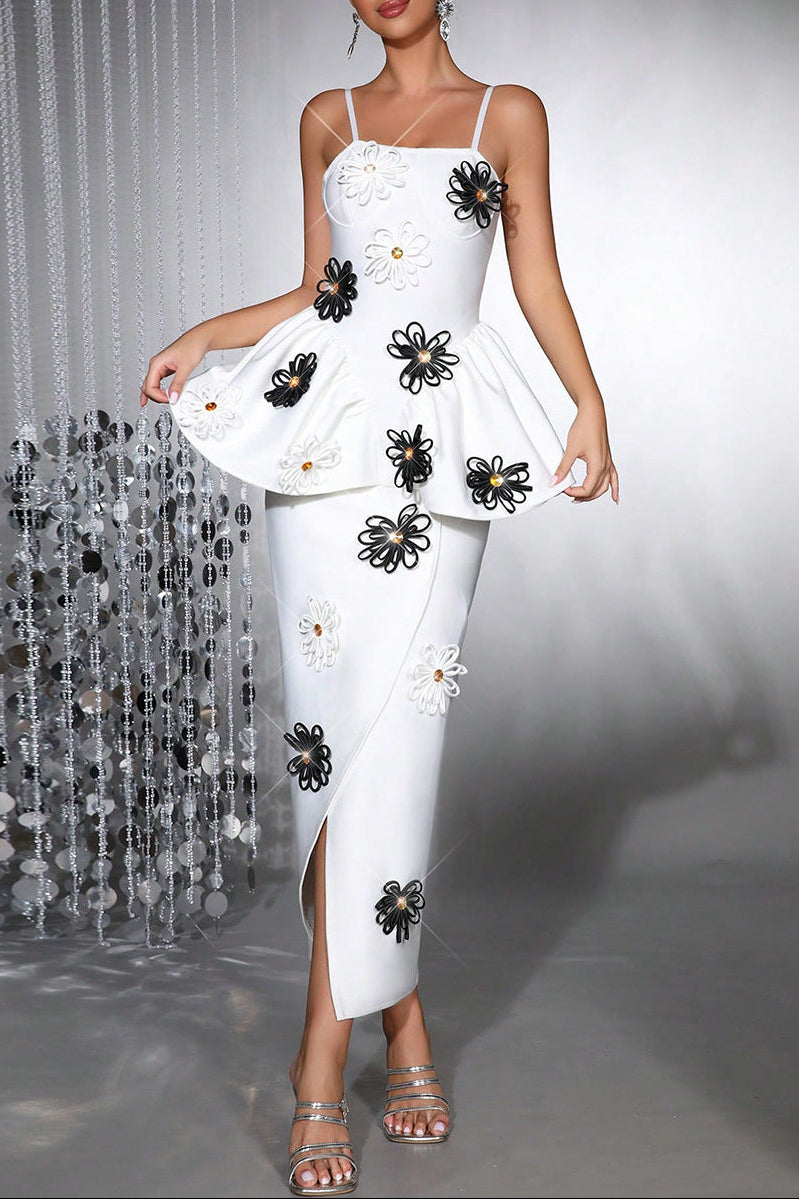 White Bodycon Midi Dress Bandage Elastic Sling with Handmade Flower