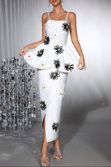 White Bodycon Midi Dress Bandage Elastic Sling with Handmade Flower