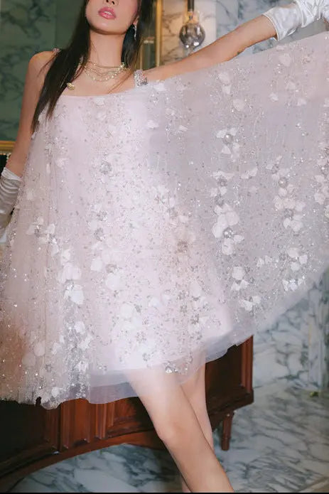 Pink Flower Embroidered Sequin Doll Party Dress