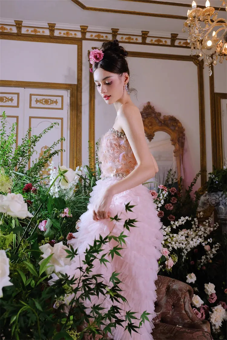 Pink Princess Ruffle Midi Floral Embroidery Dress