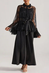 Black Lace Bell-Sleeve Ruffle Embroidered top maxi skirt set