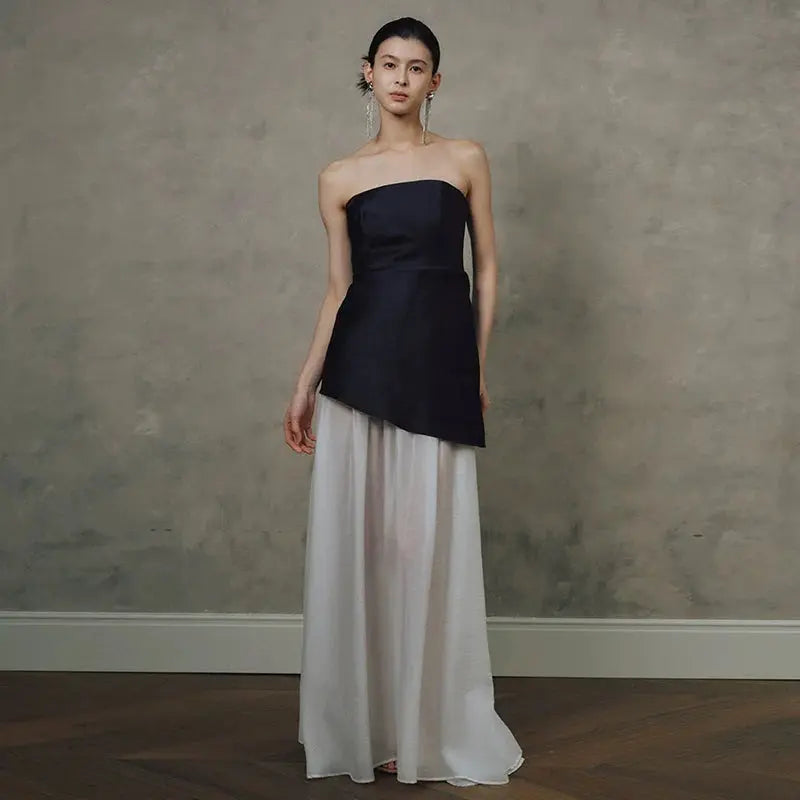 Satin Spliced Maxi Dress in Black and White