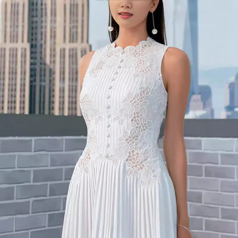 Lace Embroidery Midi Dress in White