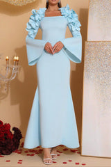 3D Flower Long Sleeve Bodycon Maxi Dress in Blue