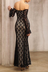 One-Shoulder Lace Long Sleeves Maxi Dress in Black