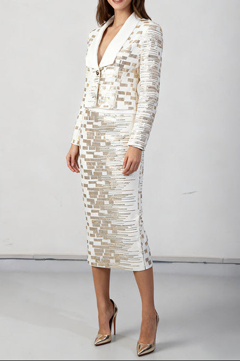 High-Waisted Skirt Gold Sequin Print Blazer Suit in White