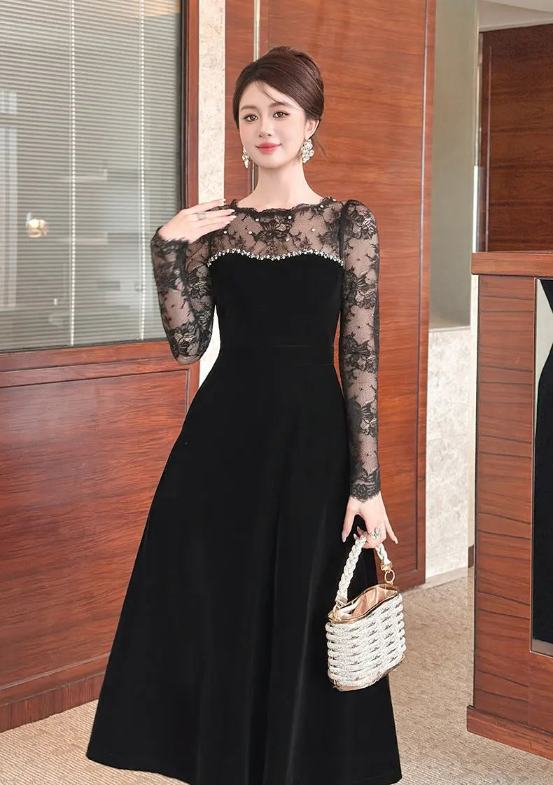 Lace Hollow Sleeve Rhinestone Maxi Dress in Black